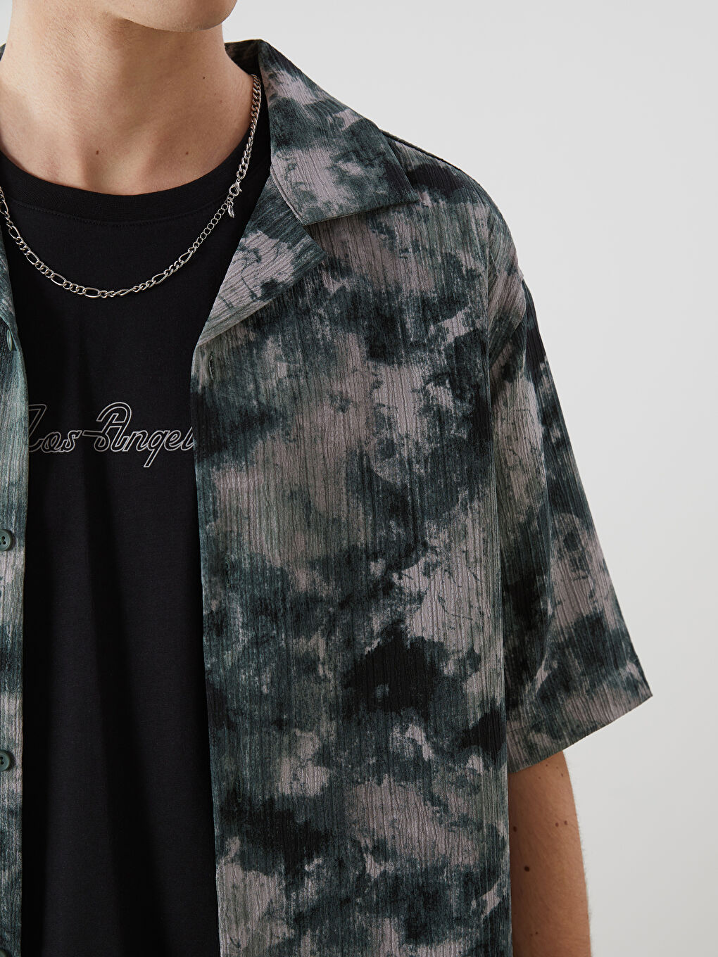 Yeşil Rahat Kalıp Kısa Kollu Desenli Erkek Gömlek-2