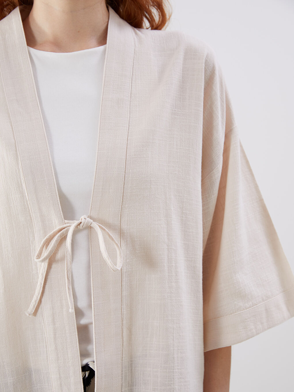 Shawl Collar Linen Look Oversize Women's Kimono-2