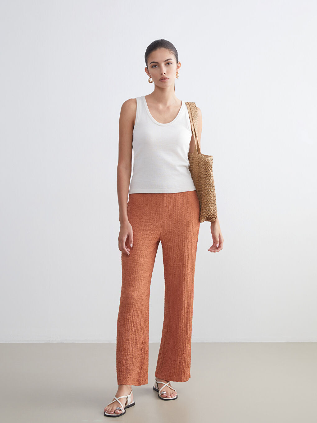 Turuncu Beli Lastikli Dokulu Kadın Pantolon
