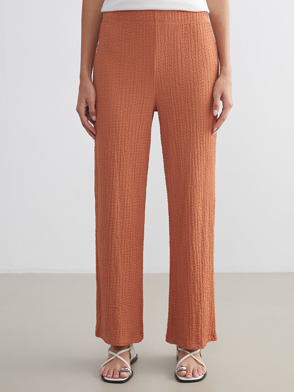 Turuncu Beli Lastikli Dokulu Kadın Pantolon-1