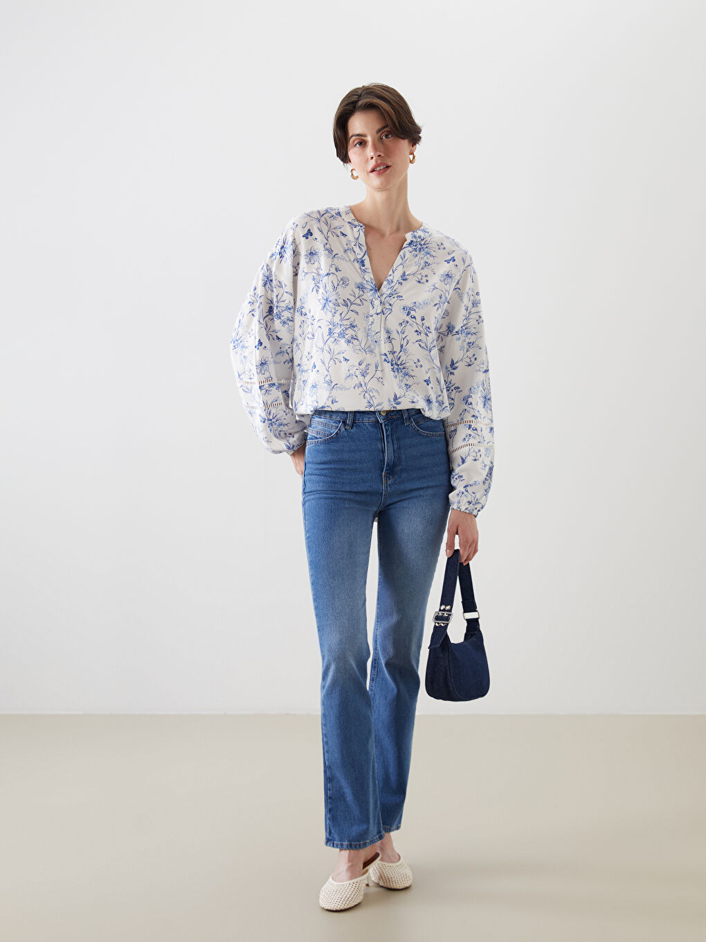 Notch Neck Floral Long Sleeve Women's Blouse-1