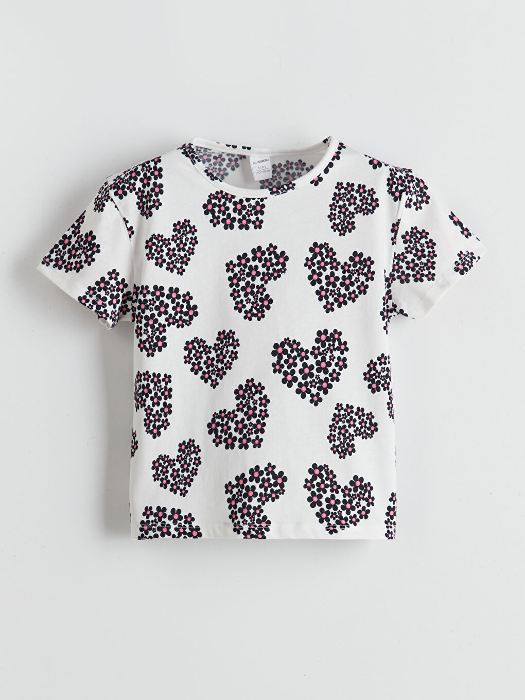 Ekru Bisiklet Yaka Çiçekli Kız Çocuk Tişört
