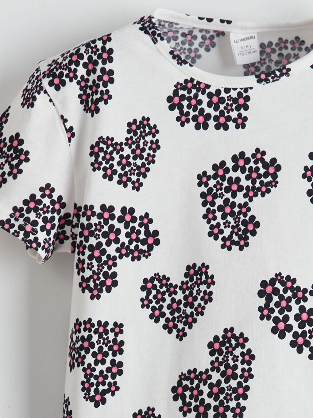 Ekru Bisiklet Yaka Çiçekli Kız Çocuk Tişört-2
