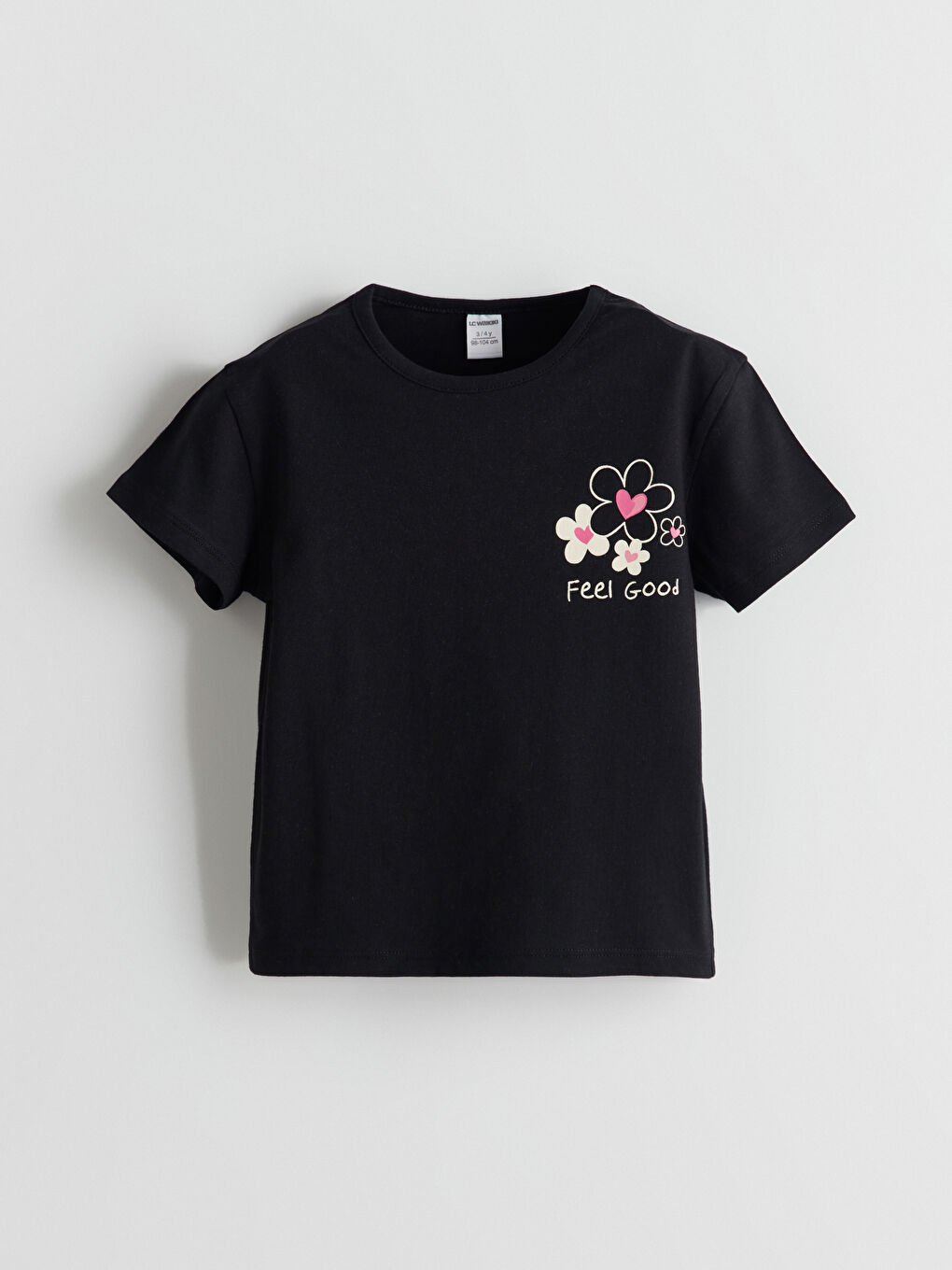 Siyah Bisiklet Yaka Baskılı Kız Çocuk Tişört