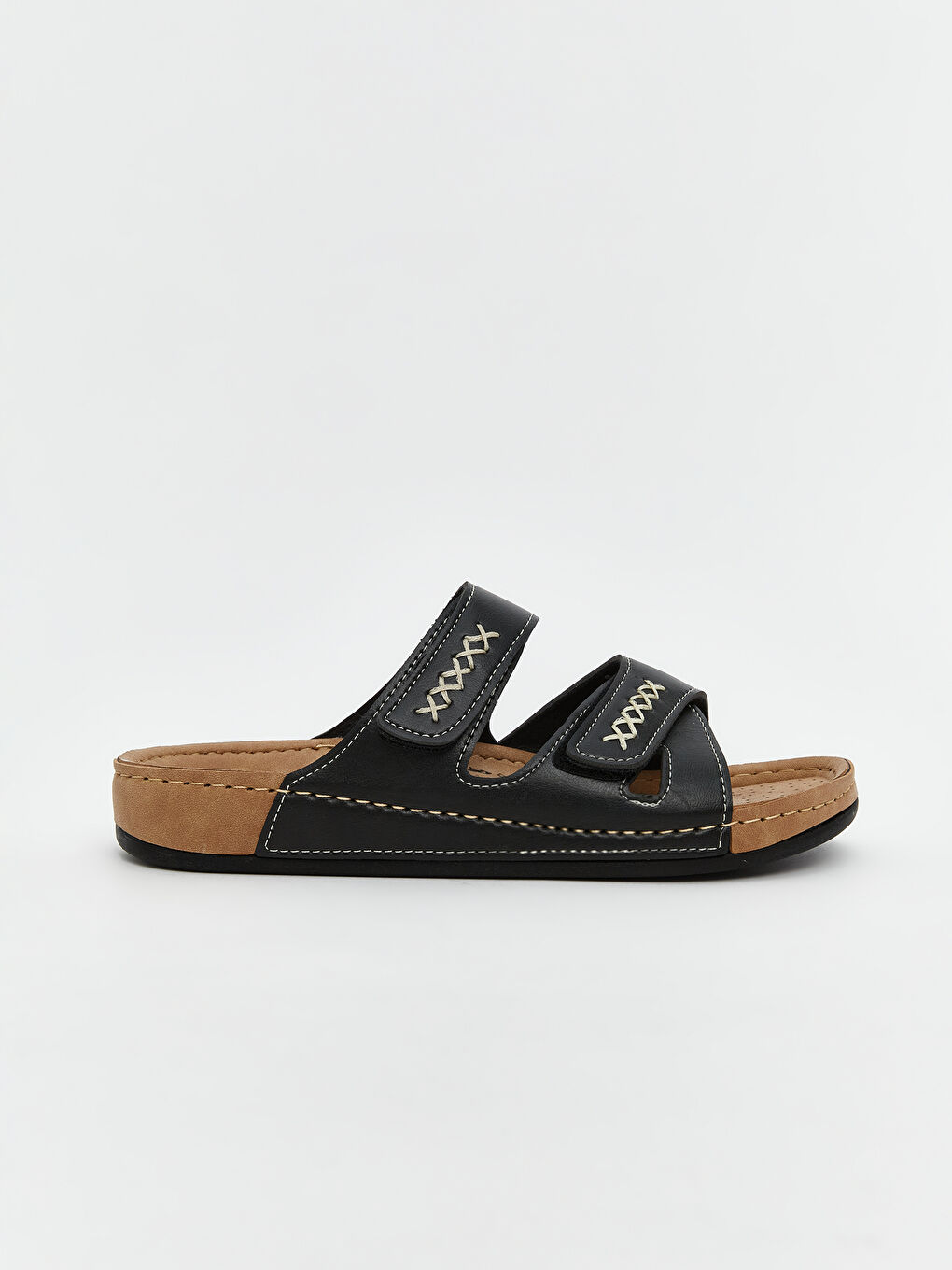 Siyah Çift Bantlı Cırt Cırtlı Kadın Terlik-1