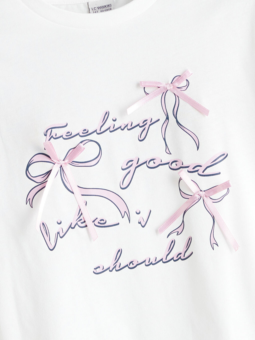 Beyaz Bisiklet Yaka Kurdele Detaylı Kız Çocuk Tişört-1