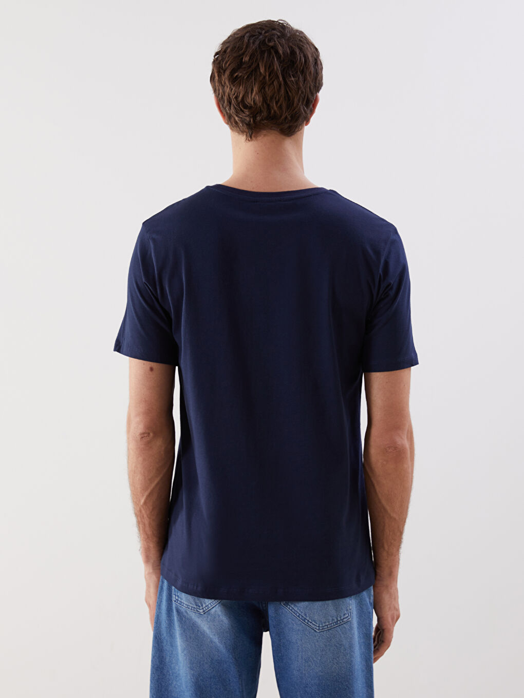 Lacivert Bisiklet Yaka Kısa Kollu Baskılı Penye Erkek Tişört-3