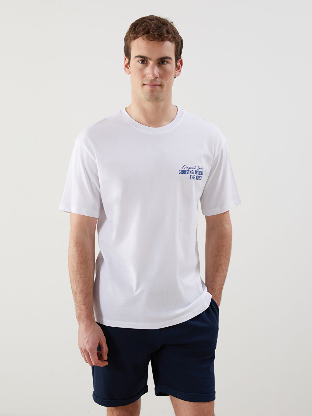 Beyaz Bisiklet Yaka Kısa Kollu Baskılı Penye Erkek Tişört