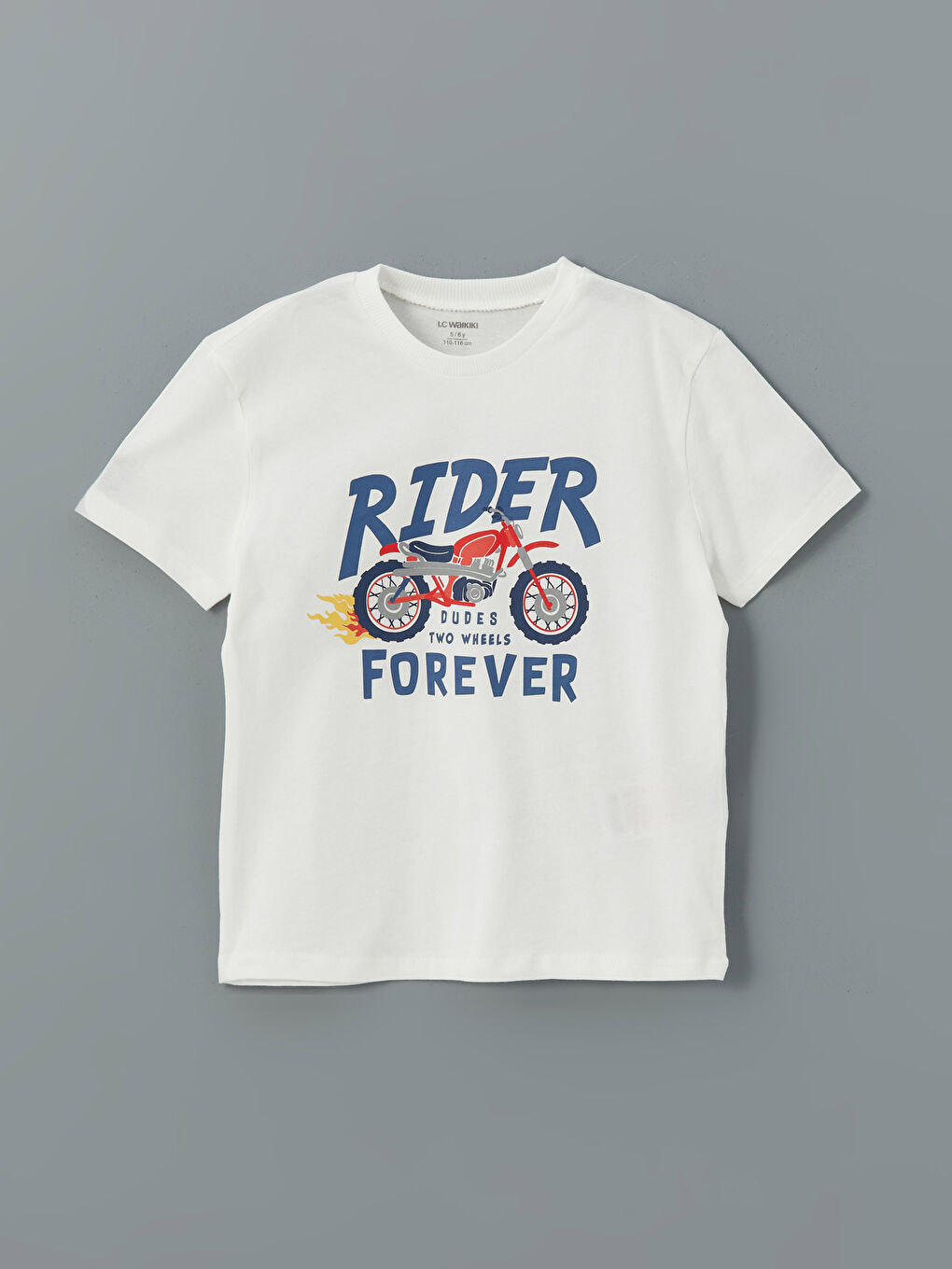 Ekru Bisiklet Yaka Baskılı Erkek Çocuk Tişört