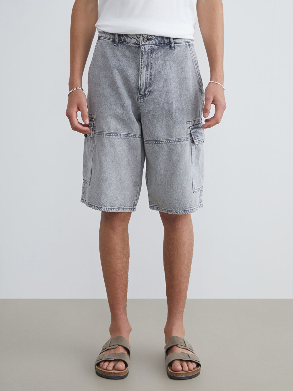 Gri Rahat Kalıp Erkek Jean Şort-1