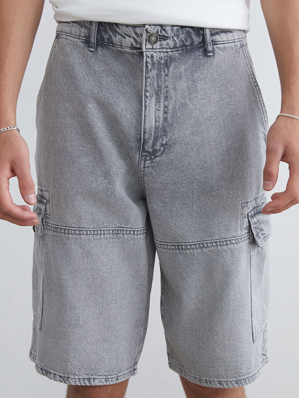 Gri Rahat Kalıp Erkek Jean Şort-2