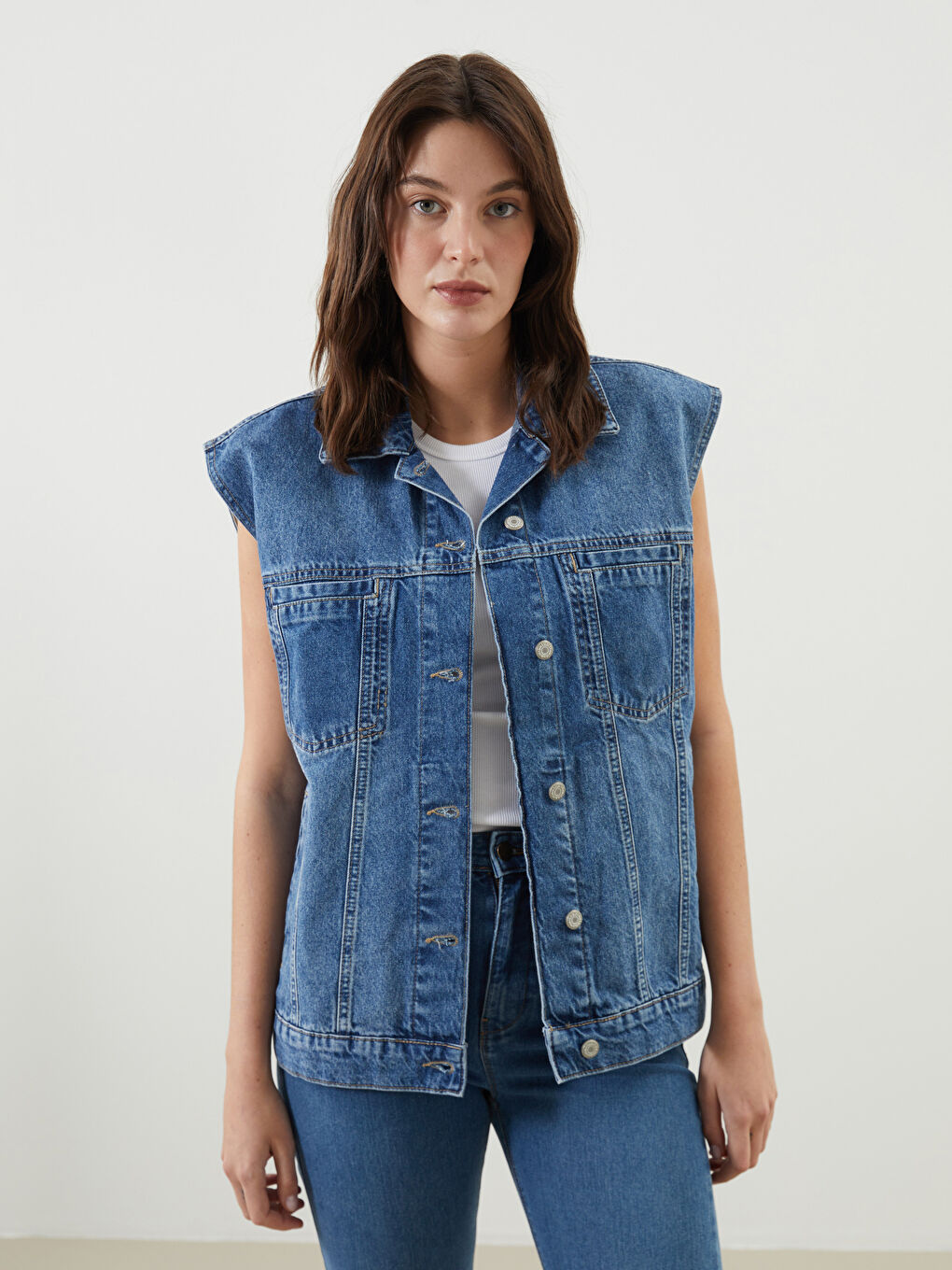 Shirt Collar Women Jean Vest -S5JR94Z8-507