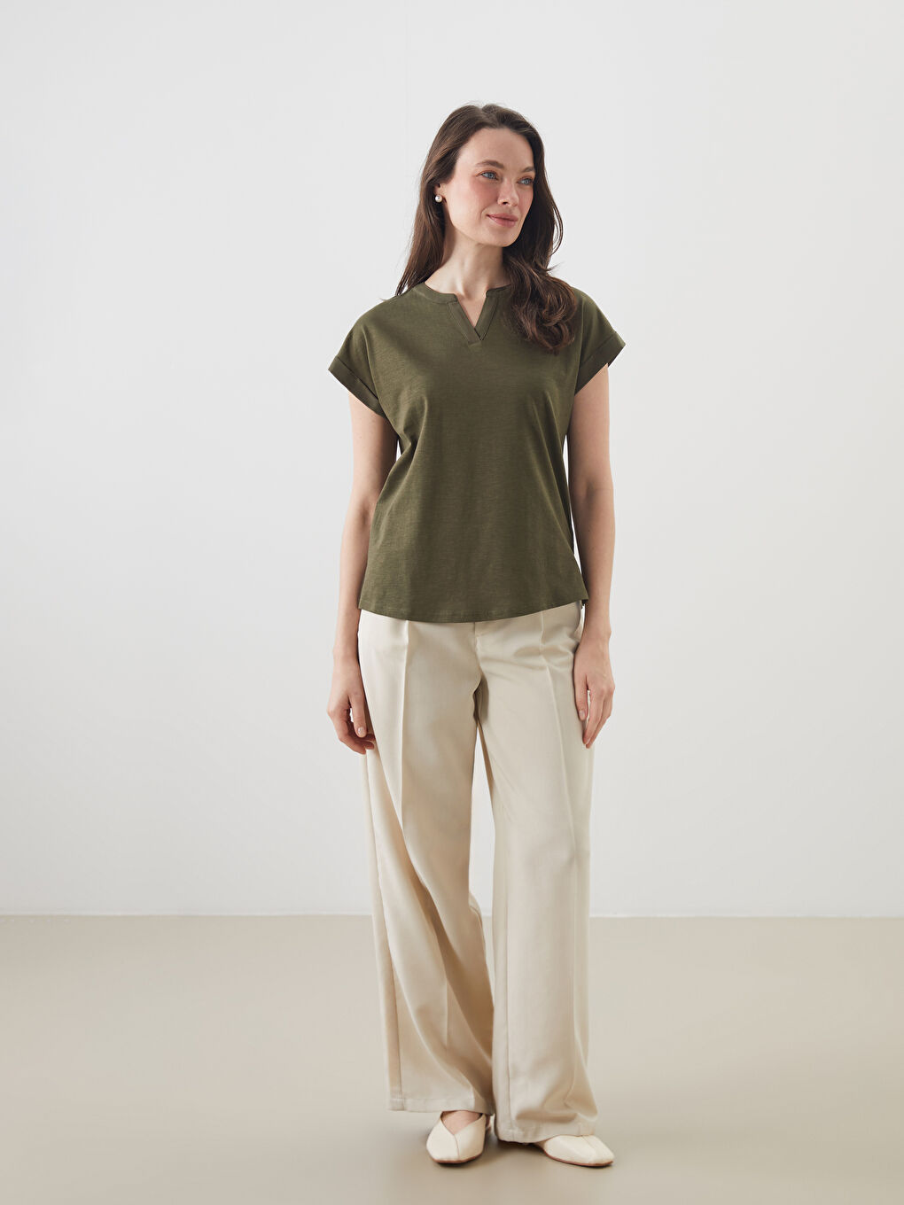 Majica sa okruglim izrezom, jednostavna, sa manžetama za Ženski-1