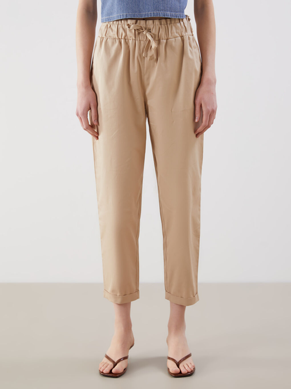 Bej Beli Lastikli Kadın Pantolon-1