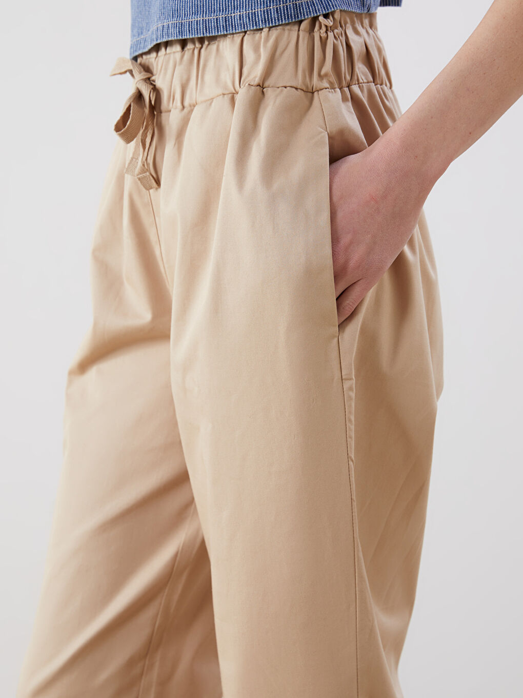 Bej Beli Lastikli Kadın Pantolon-2