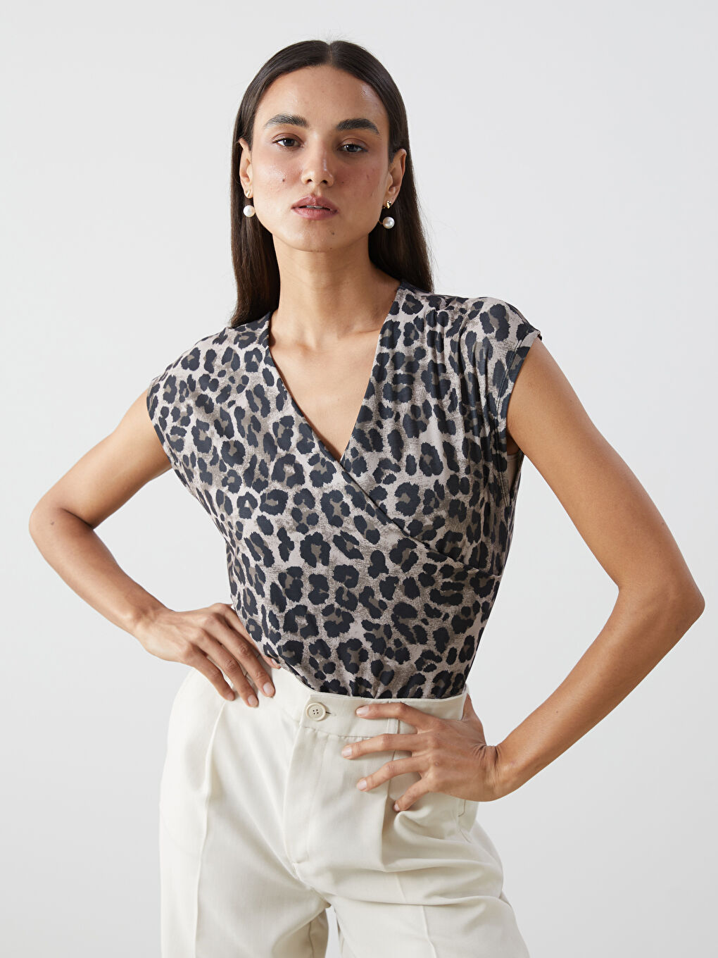 Cross Neck Leopard Printed Women'S Blouse -S5JS71Z8-LQJ