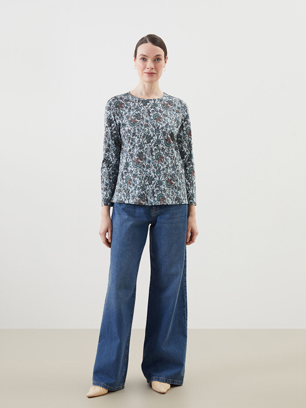 Yeşil Bisiklet Yaka Desenli Kadın Bluz-1