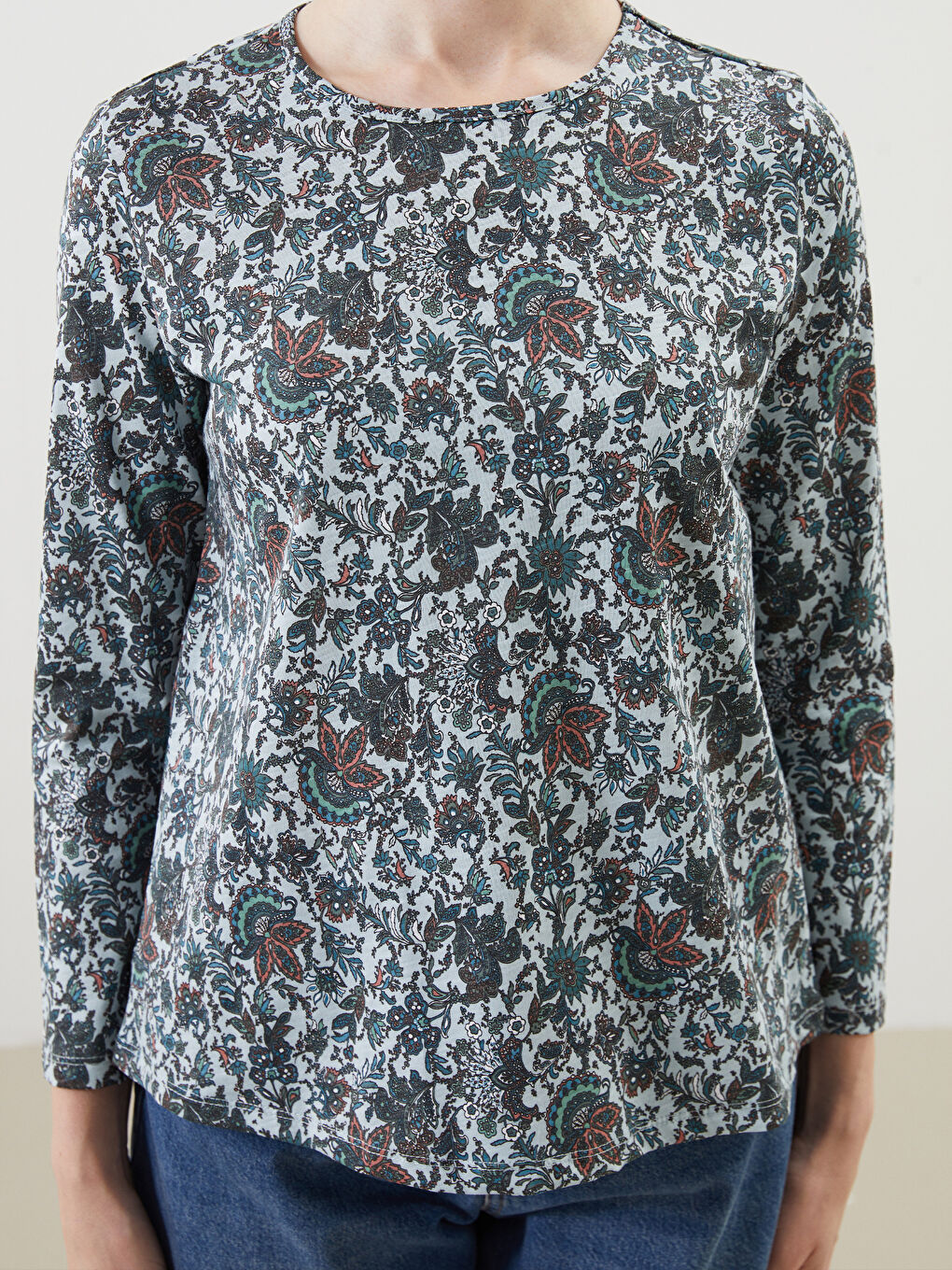 Yeşil Bisiklet Yaka Desenli Kadın Bluz-2