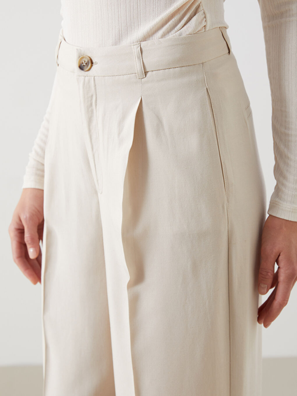 Bej Loose Fit Keten Karışımlı Kadın Pantolon-2