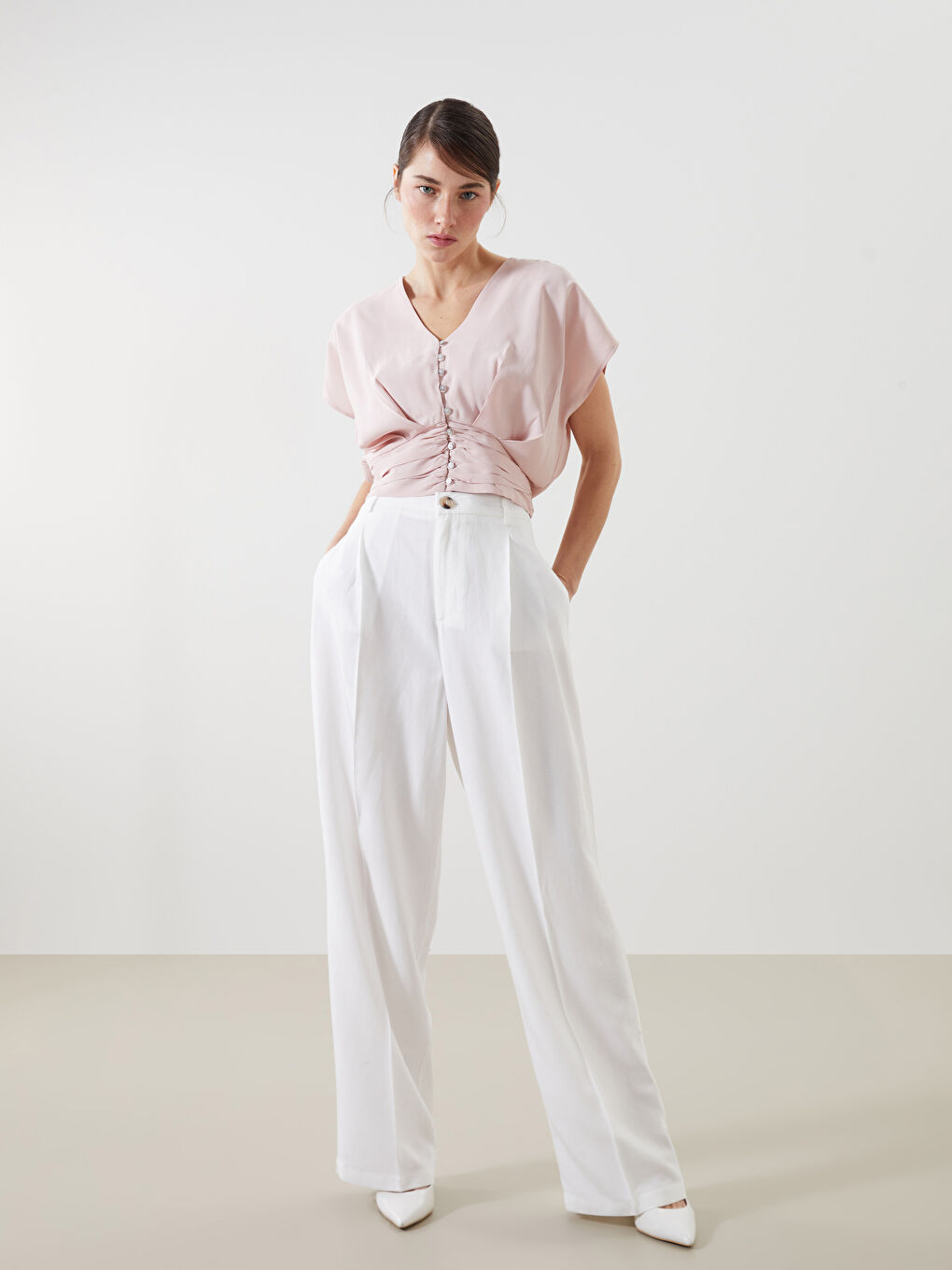 LCW Vision Beyaz Loose Fit Keten Karışımlı Kadın Pantolon