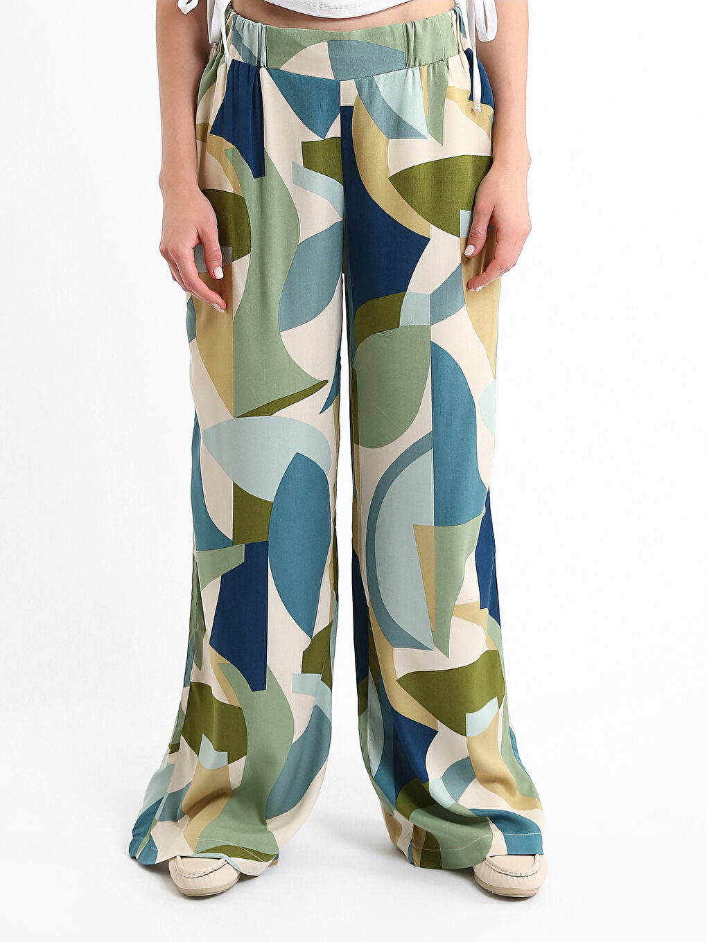Elasticated Waist Patterned Wide Leg Women's Trousers-1
