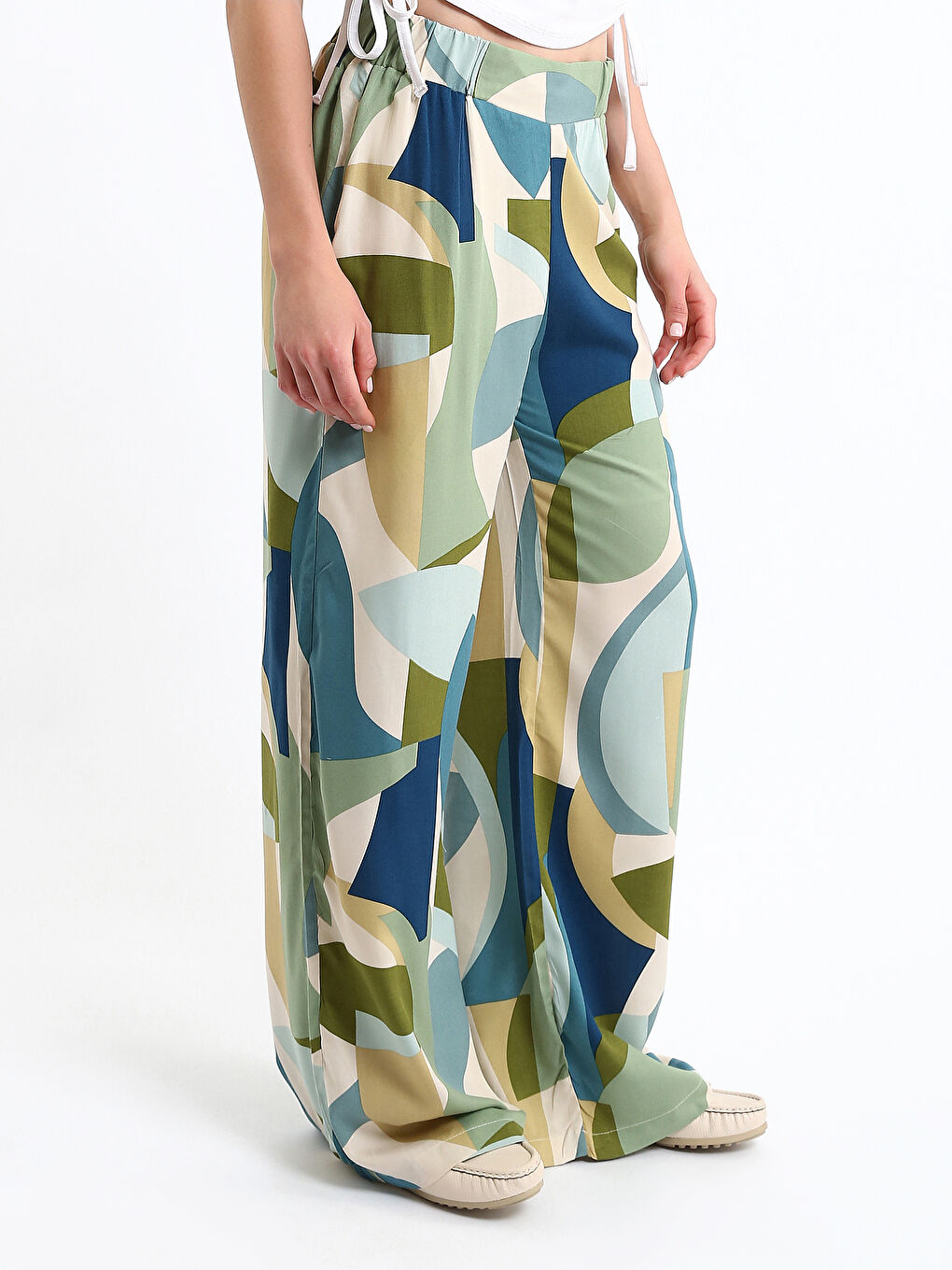 Elasticated Waist Patterned Wide Leg Women's Trousers-3