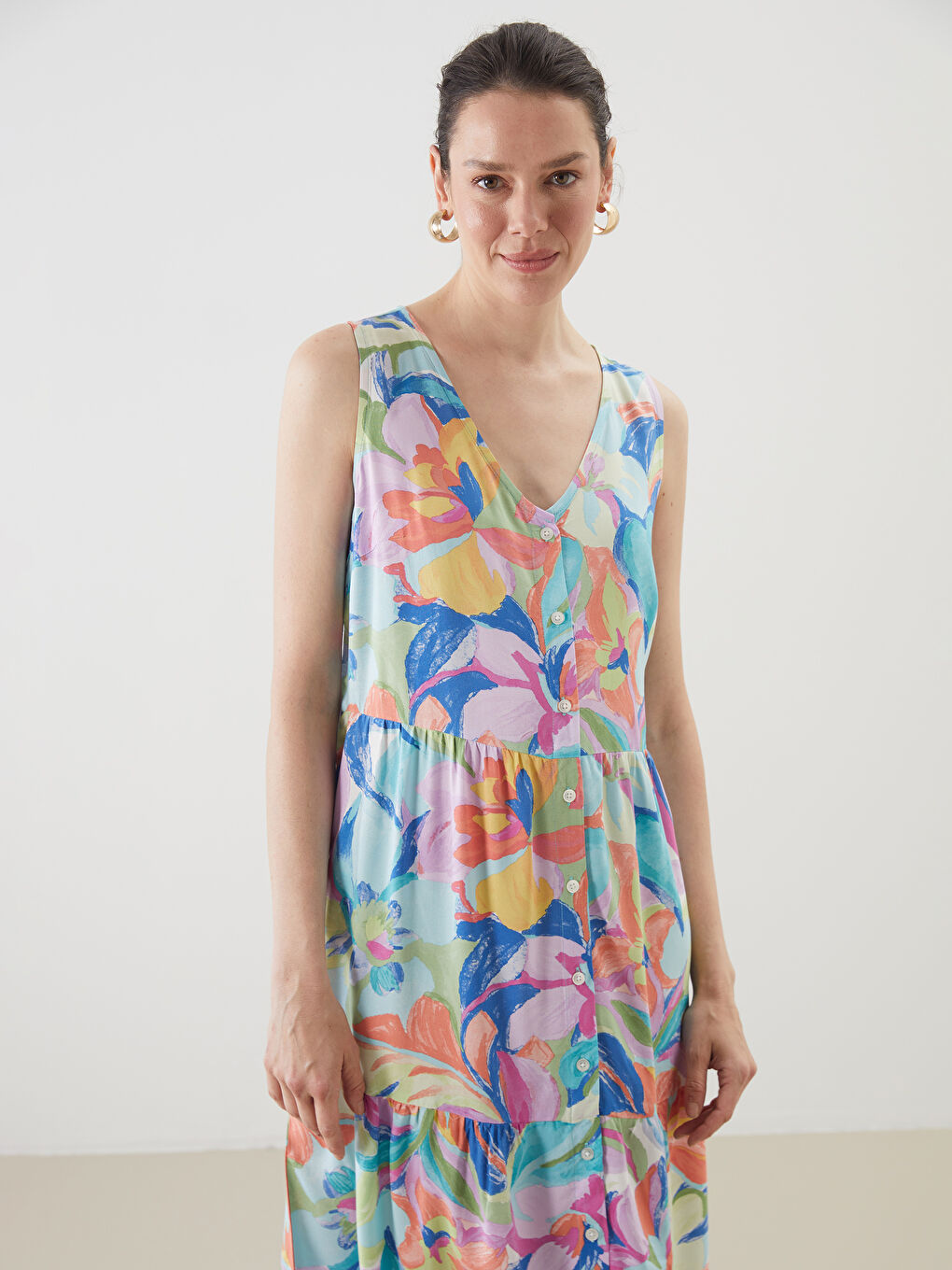 V Neck Floral Women's Dress -S5JT38Z8-F9C