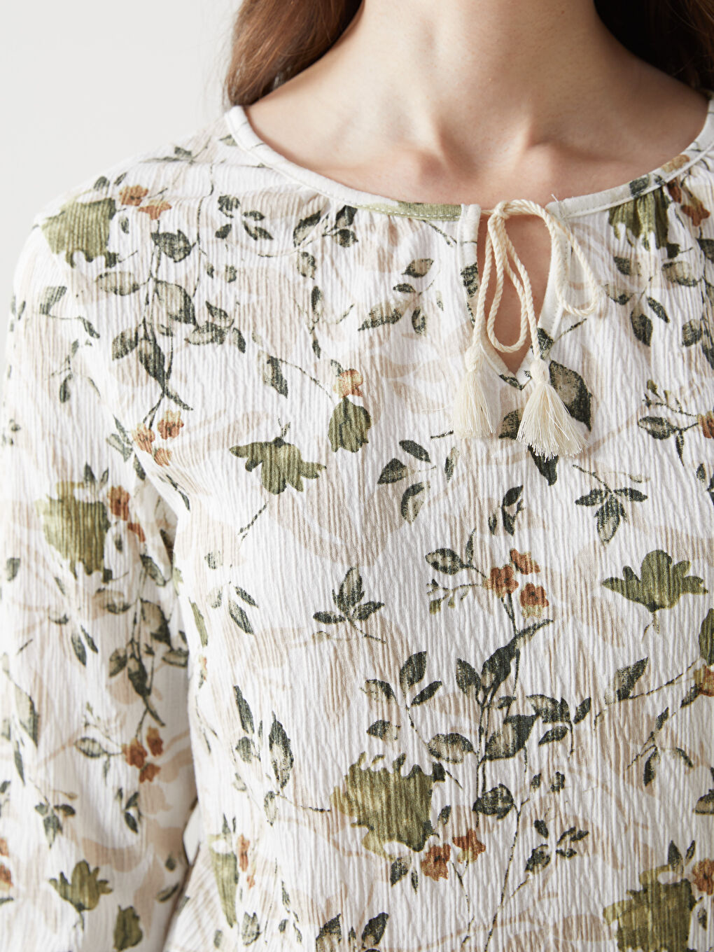 Ekru Bağlamalı Yaka Çiçekli Kadın Tunik-2