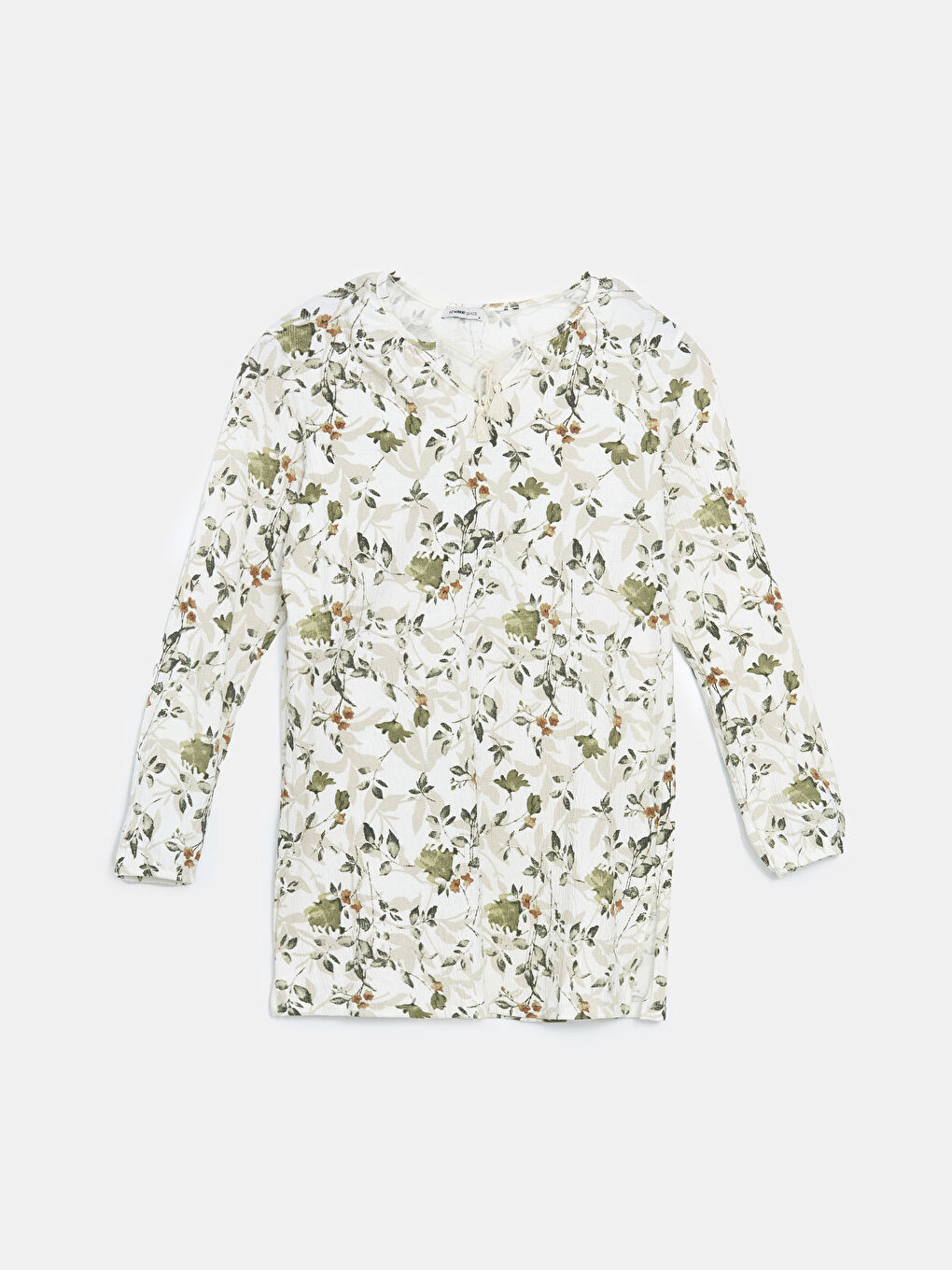 Ekru Bağlamalı Yaka Çiçekli Kadın Tunik-4