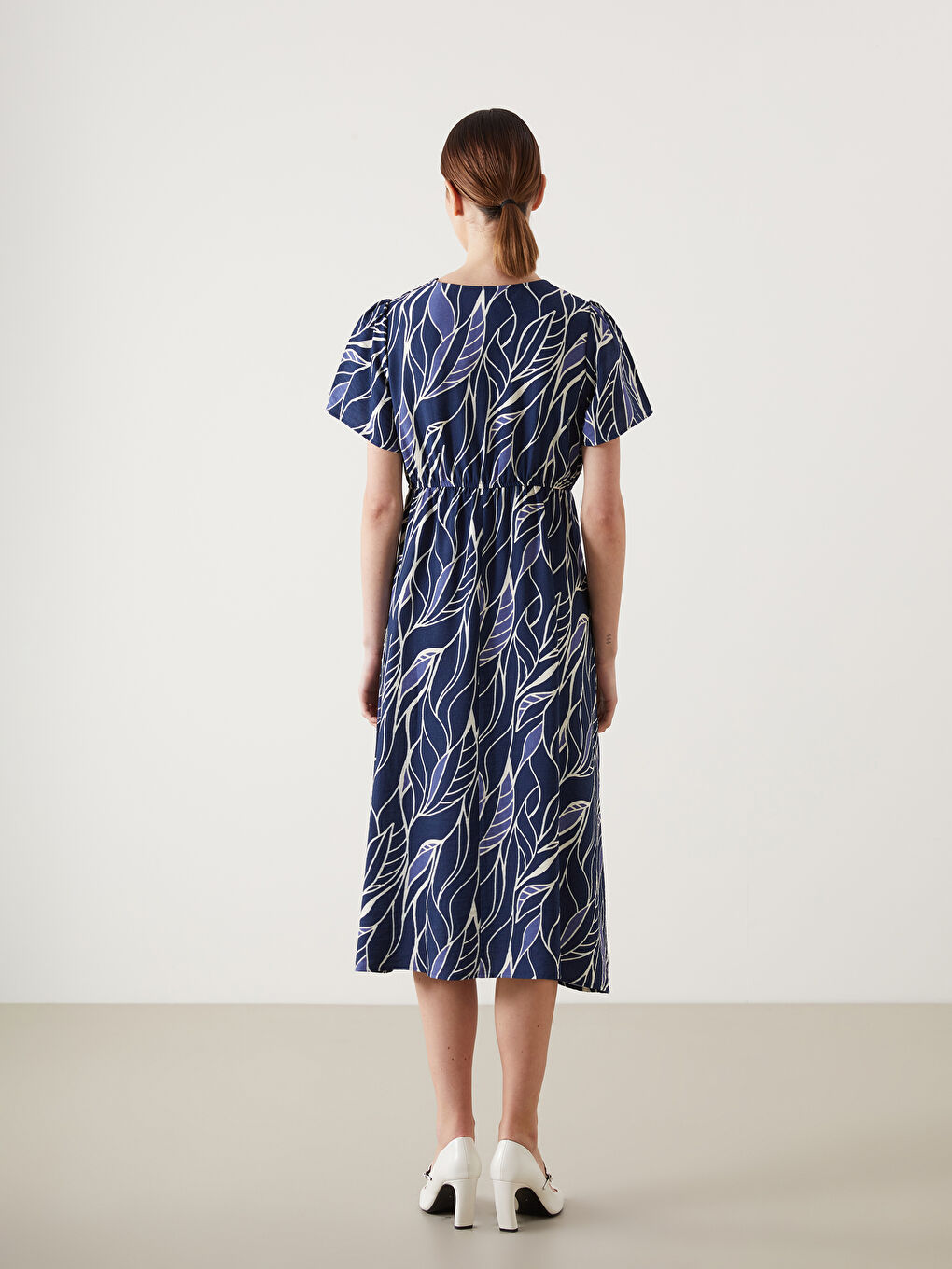 Lacivert Kruvaze Yaka Desenli Elbise-7