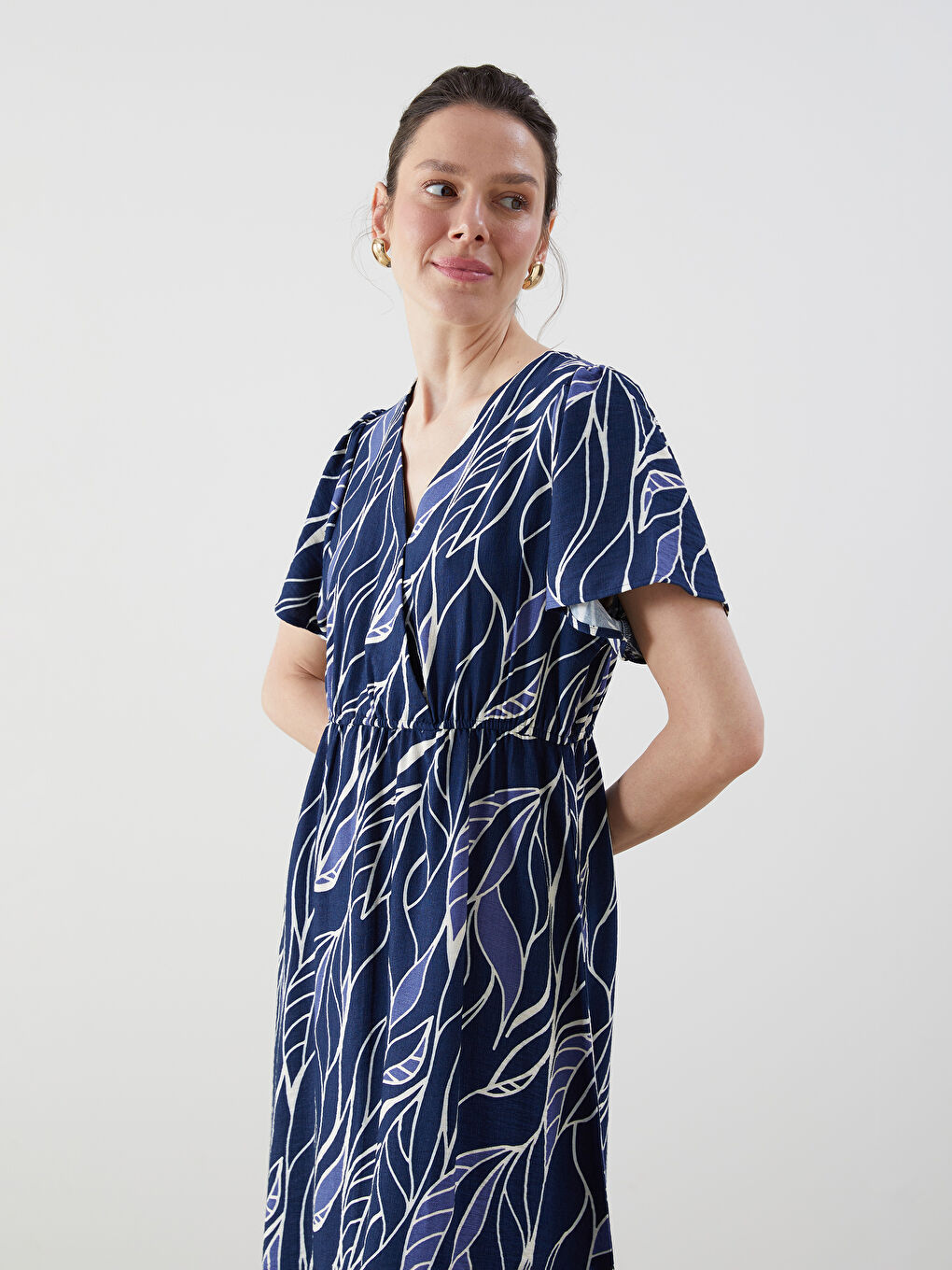 Lacivert Kruvaze Yaka Desenli Elbise-2