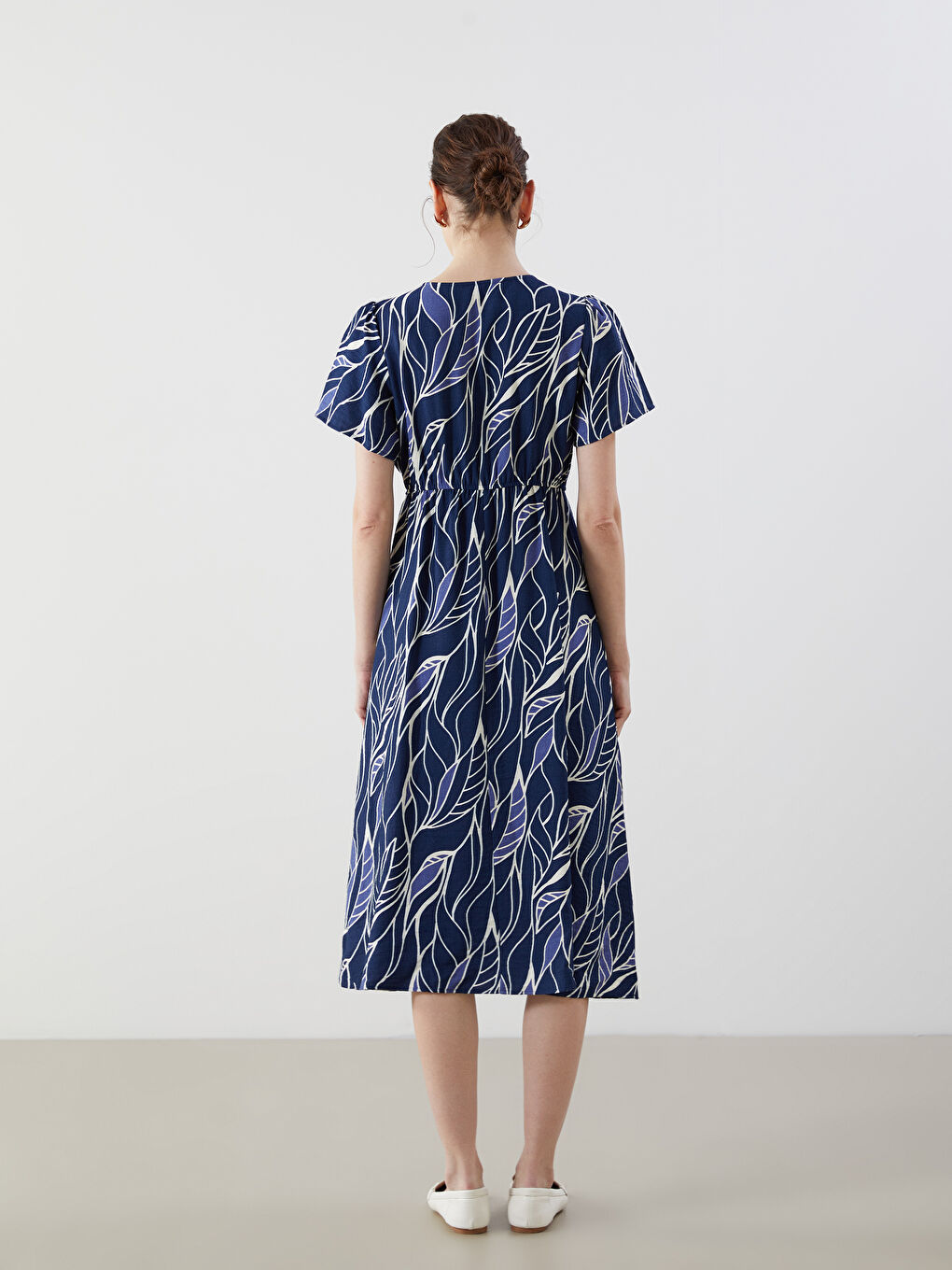 Lacivert Kruvaze Yaka Desenli Elbise-6