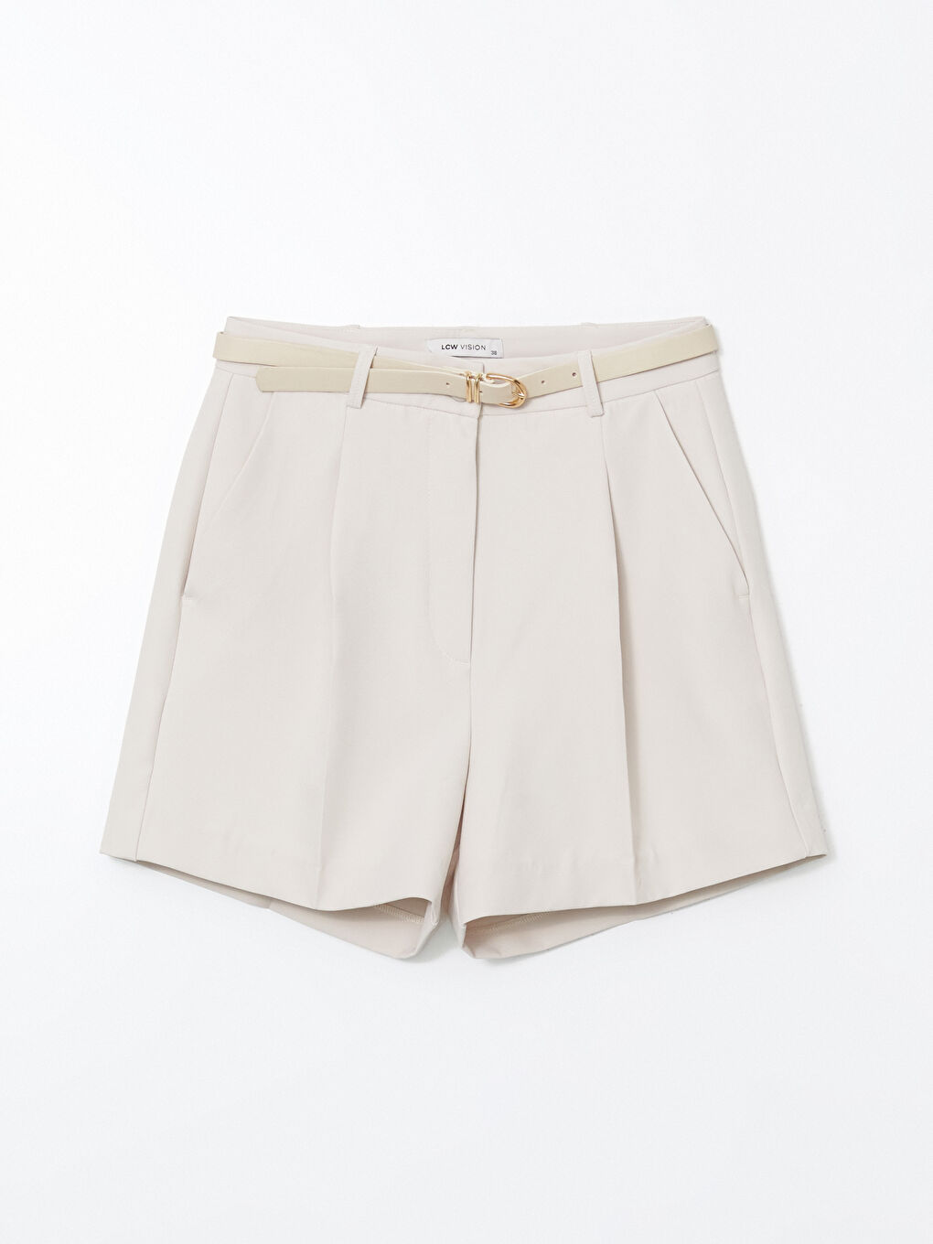 Bej Beli Kemerli Loose Fit Kadın Şort-4