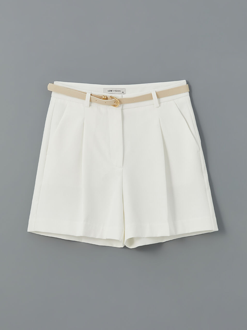 Ekru Beli Kemerli Loose Fit Kadın Şort-4