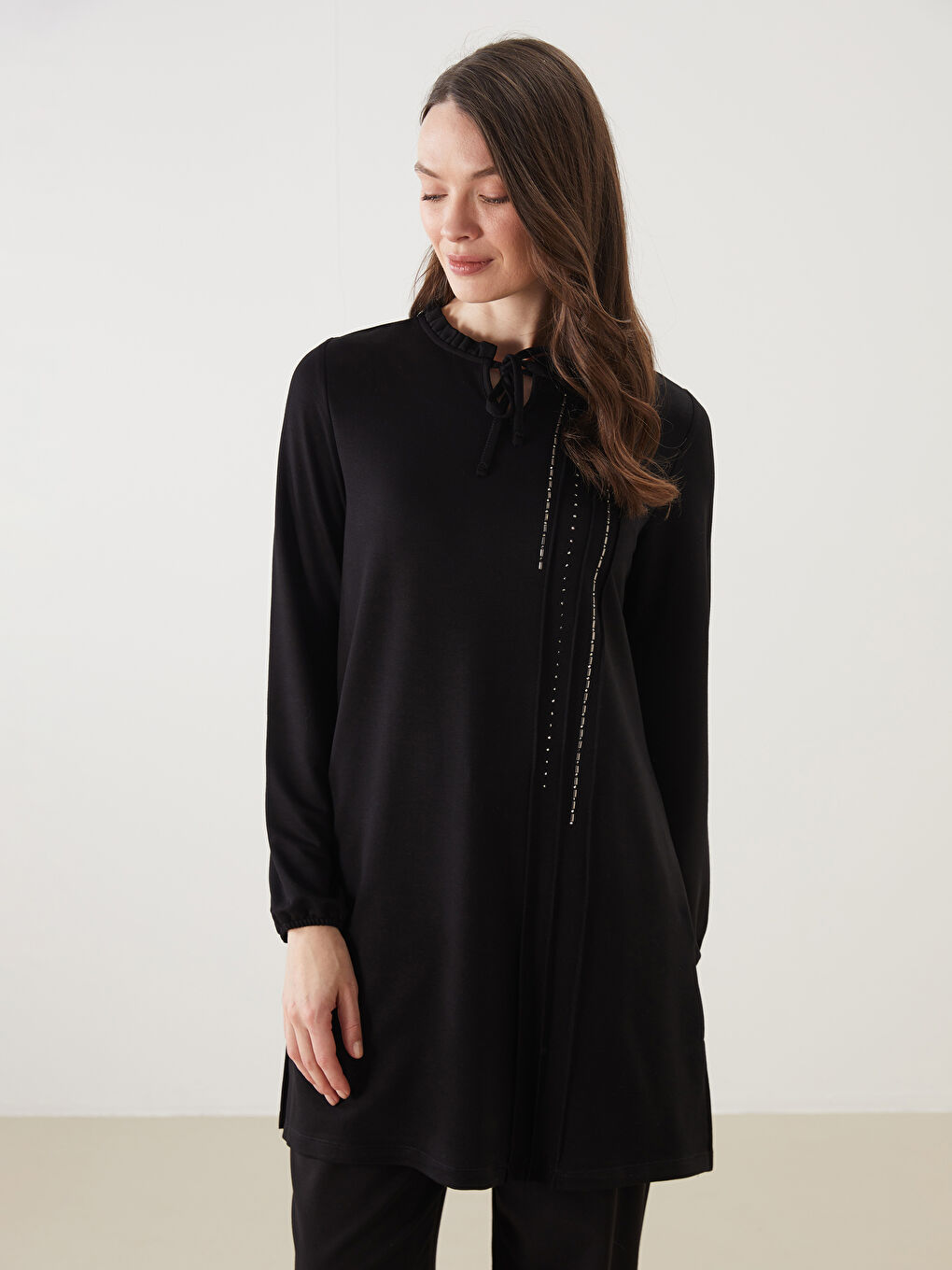Tie Neck Rhinestone Embellished Women's Tunic