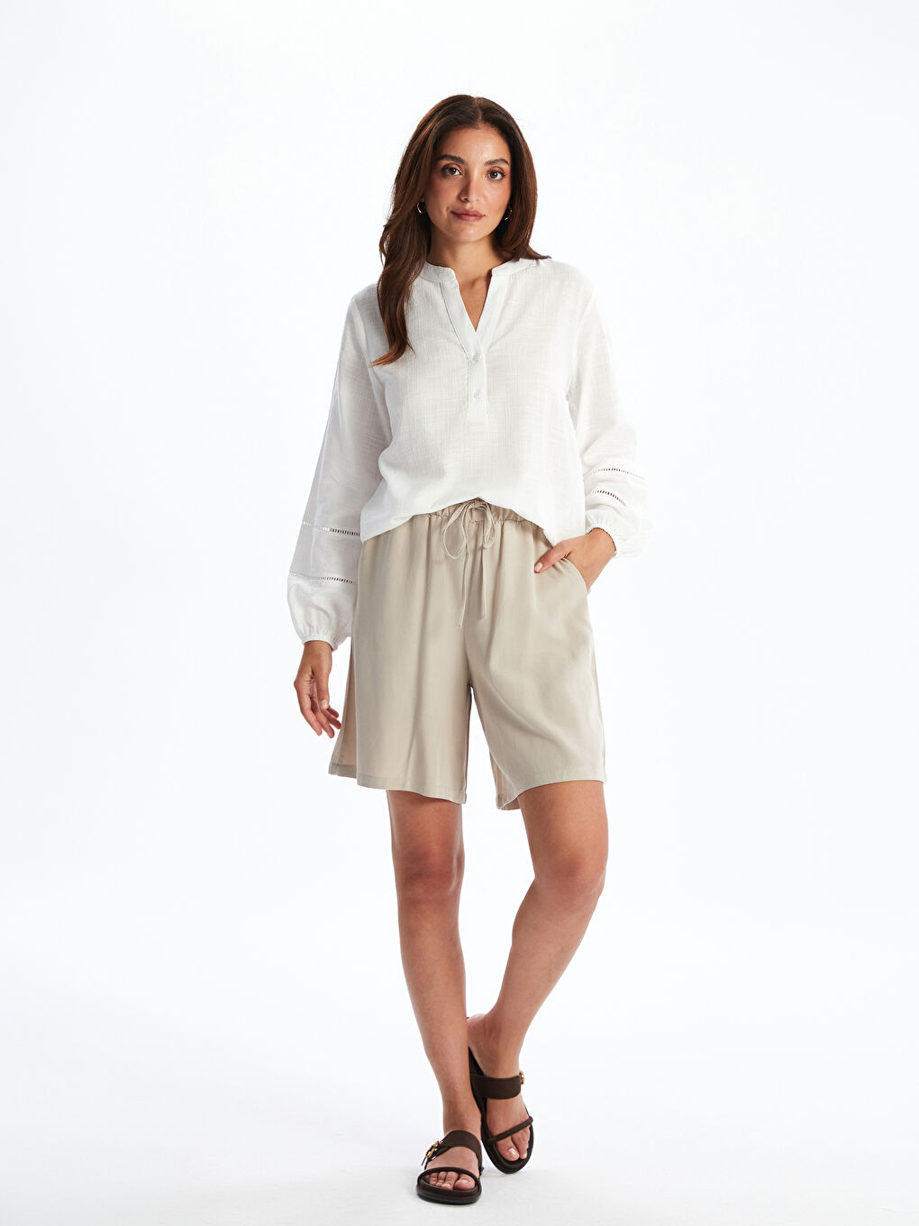Plain Linen Blend Women's Shorts with Elastic Waist -S5JU36Z8-GD0