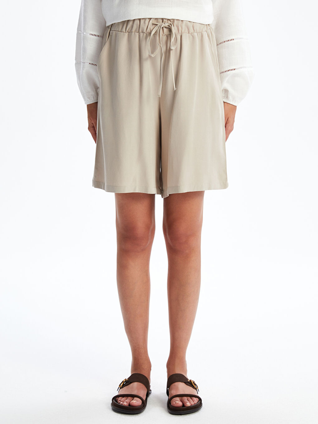 Plain Linen Blend Women's Shorts with Elastic Waist -S5JU36Z8-GD0