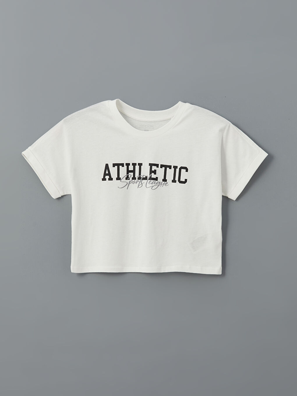 Beyaz Bisiklet Yaka Baskılı Crop Kadın Spor Tişört-4