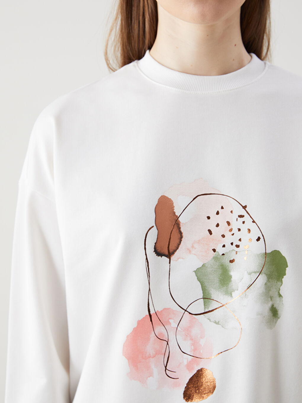 LCW Modest Ekru Bisiklet Yaka Baskılı Oversize Kadın Sweatshirt Tunik - 2