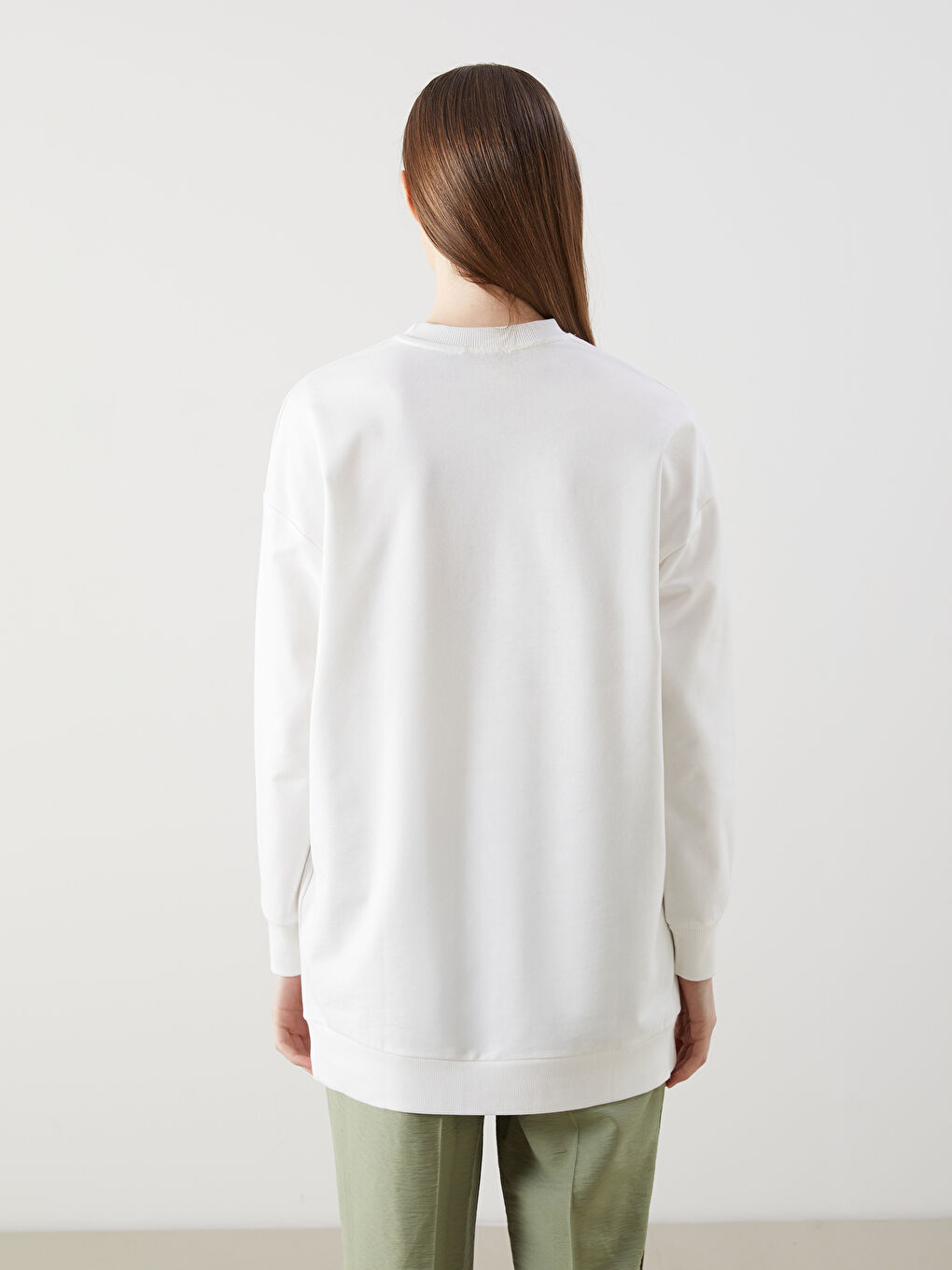 LCW Modest Ekru Bisiklet Yaka Baskılı Oversize Kadın Sweatshirt Tunik - 3