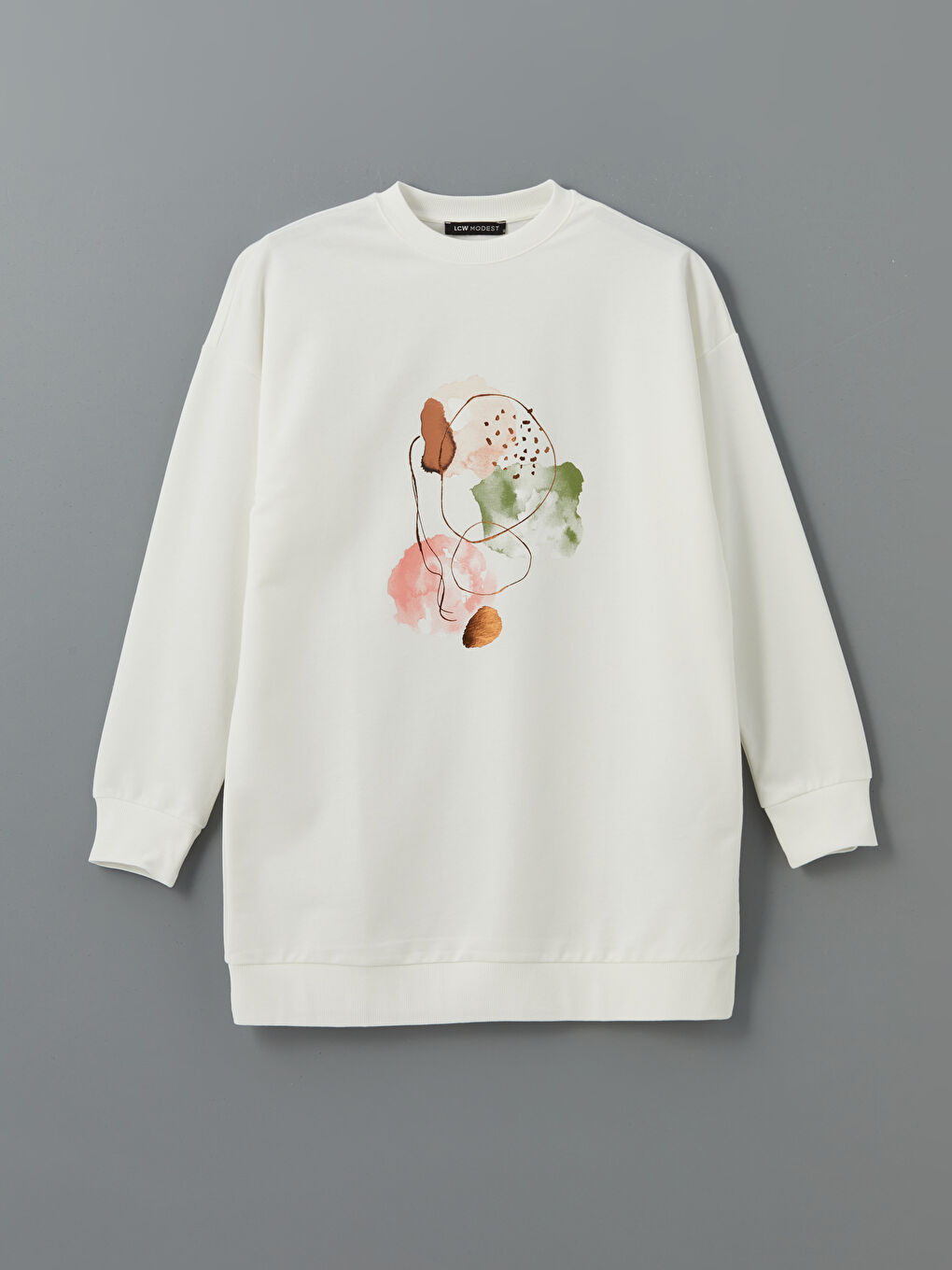 LCW Modest Ekru Bisiklet Yaka Baskılı Oversize Kadın Sweatshirt Tunik - 4