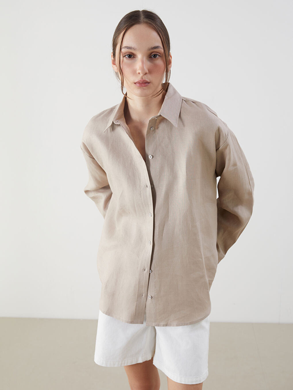 LCW Vision Bej Oversize Keten Kadın Gömlek