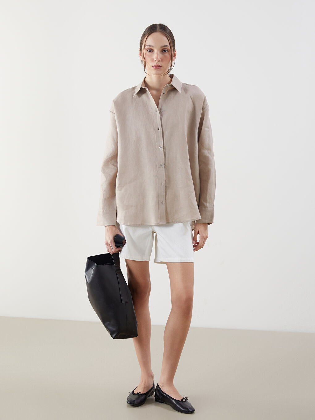 LCW Vision Bej Oversize Keten Kadın Gömlek - 1