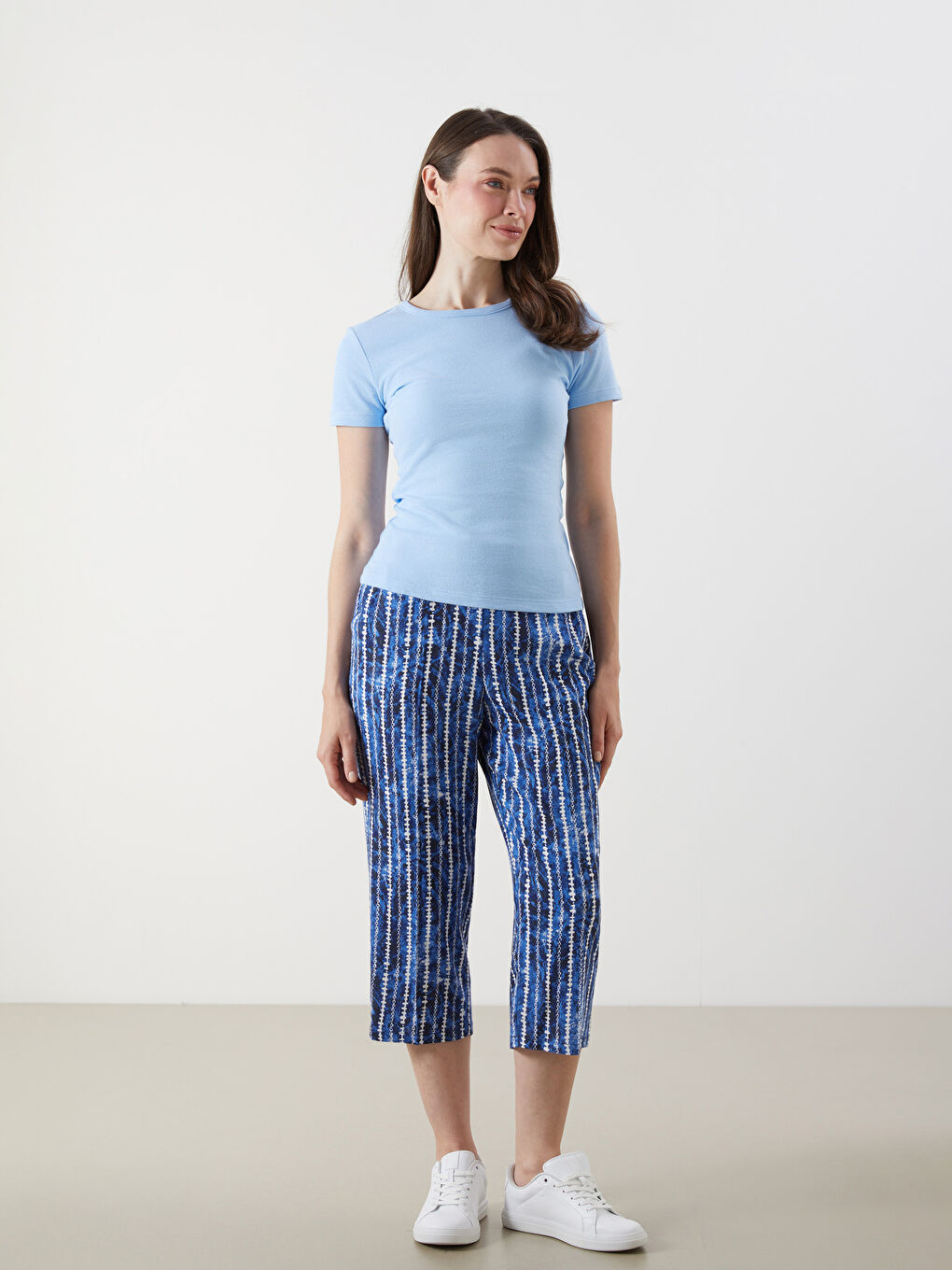 LCW Grace Elastic Waist Patterned Linen Blend Women's Capri Pants -S5JY28Z8-LS3