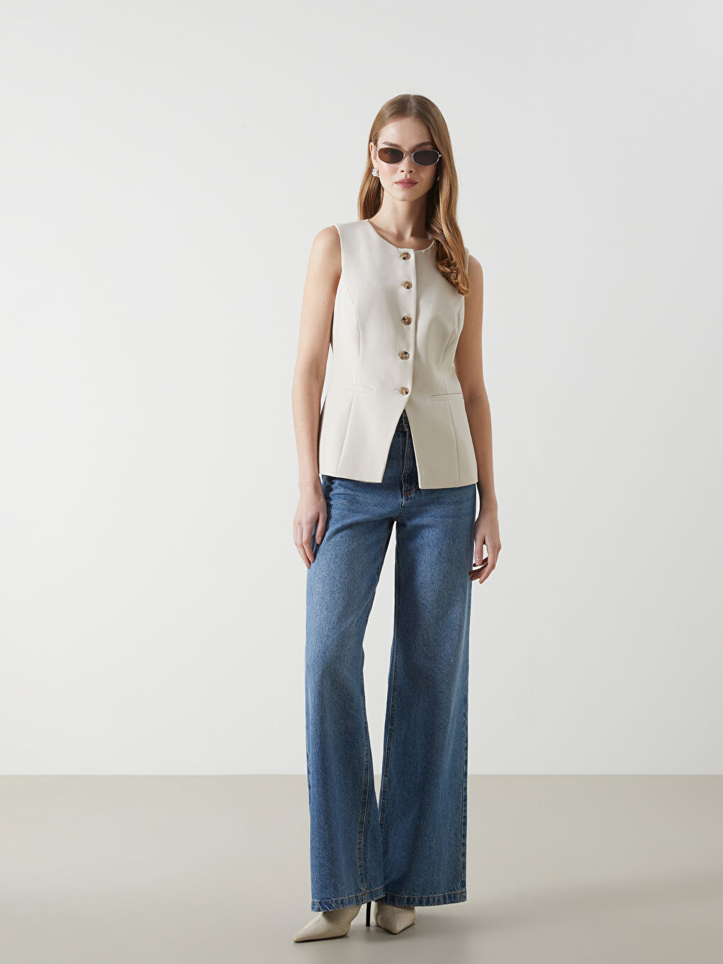 Ekru Bisiklet Yaka Kadın Klasik Yelek-1