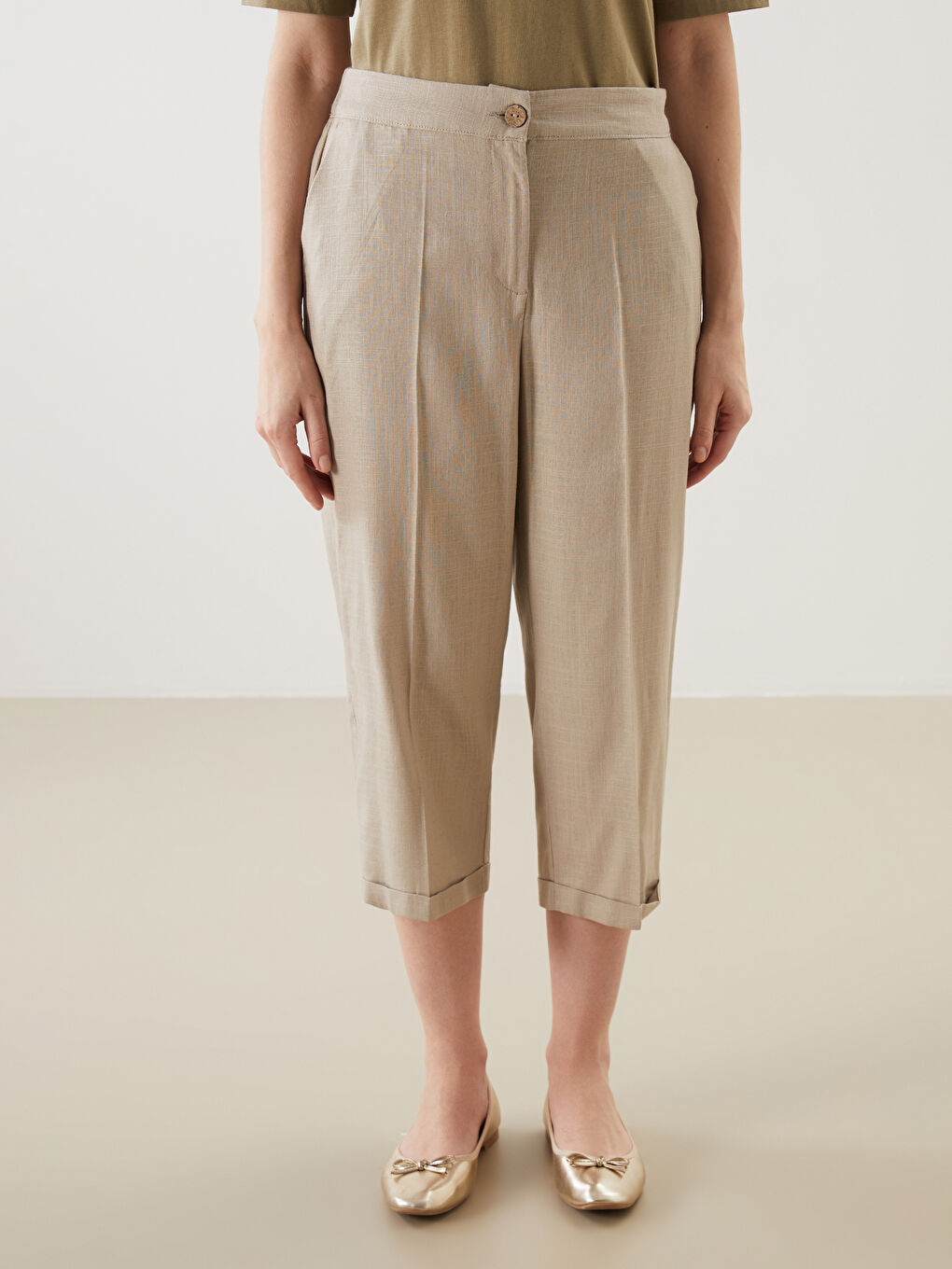 LCW Grace Elasticated Waist Linen Blend Women's Capri -S5JY38Z8-CWP
