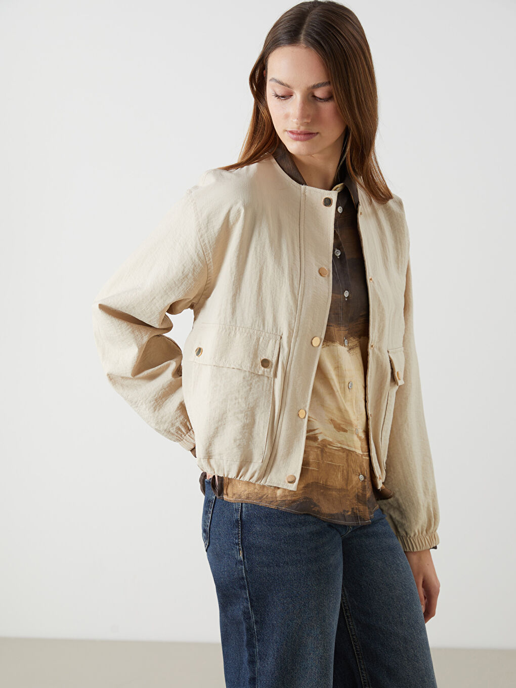 Bej Bisiklet Yaka Oversize Kadın Bomber Ceket