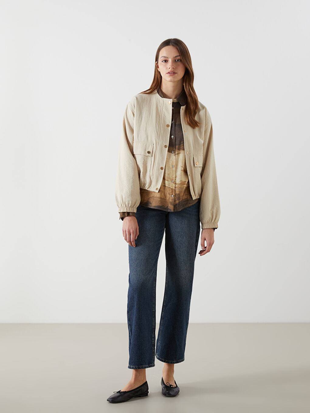 Bej Bisiklet Yaka Oversize Kadın Bomber Ceket-1