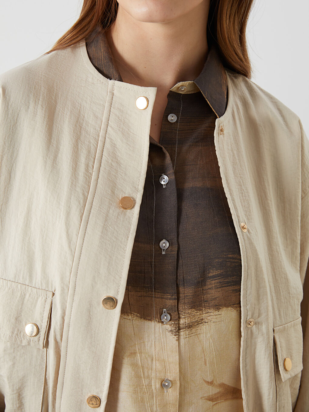 Bej Bisiklet Yaka Oversize Kadın Bomber Ceket-2