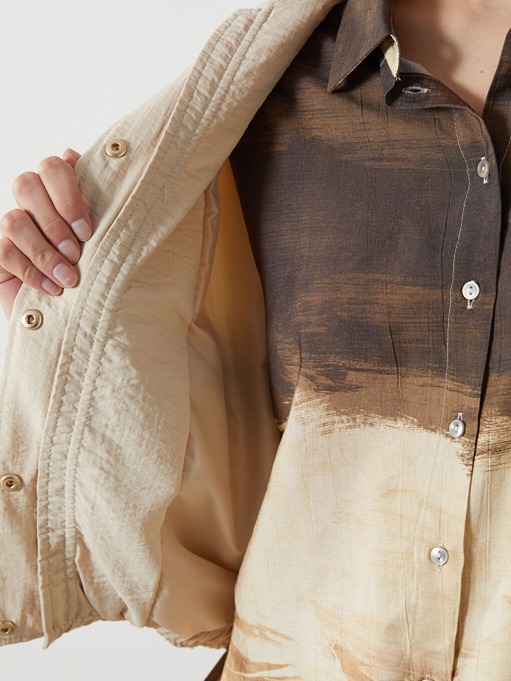 Bej Bisiklet Yaka Oversize Kadın Bomber Ceket-3